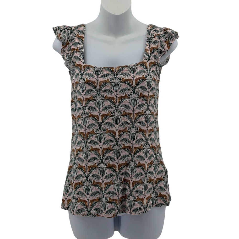 Fat Face Cotton Modal Leopard Palm Print Flutter Sleeve Top Women Size 2